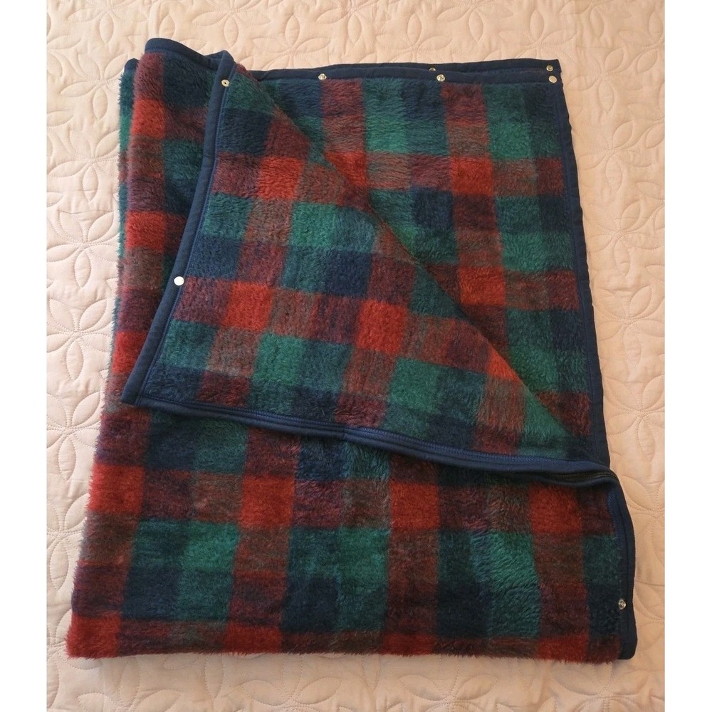 Vtg‎ Biederlack Cuddle Wrap Throw Stadium Blanket Plaid Snap Zip Made In USA
